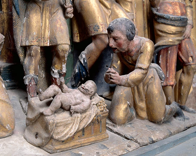 L'Adoration des Bergers, détail : l'enfant et un berger agenouillé. © Jérôme Mongreville / Région Bourgogne-Franche-Comté, Inventaire du patrimoine - 1990