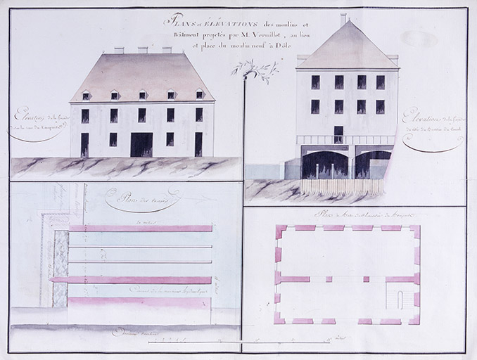 Plans et élévations des moulins et bâtiments projetés par M. Vermillet, au lieu et place du Moulin-Neuf à Dôle. © Yves Sancey / Région Bourgogne-Franche-Comté, Inventaire du patrimoine - 1990