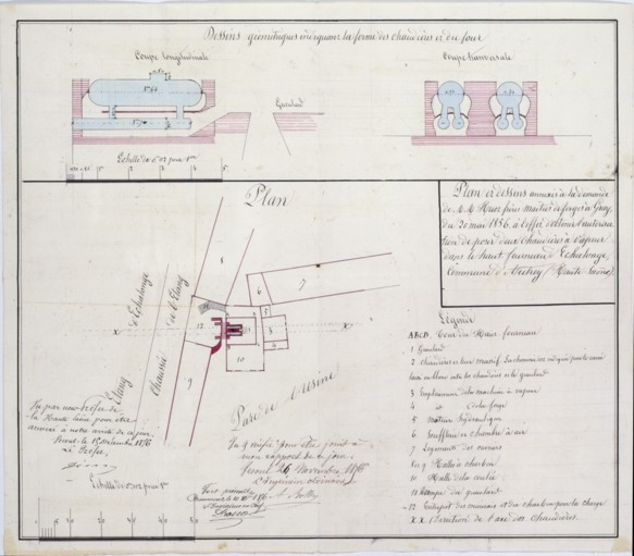 Plans et dessins annexés à la demande de MM. Huot frères [...] à l'effet d'obtenir l'autorisation de poser deux chaudières à vapeur [...]. © Yves Sancey / Région Bourgogne-Franche-Comté, Inventaire du patrimoine - 1990