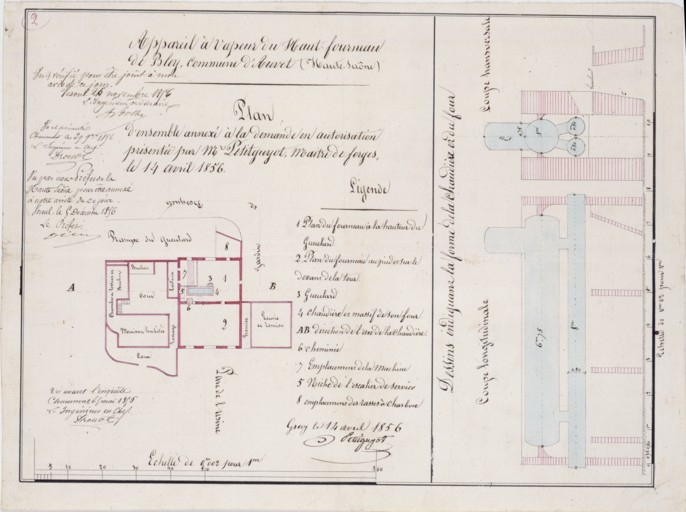 Appareil à vapeur du haut fourneau de Bley [plan d'ensemble et coupes de la chaudière]. © Yves Sancey / Région Bourgogne-Franche-Comté, Inventaire du patrimoine - 1990