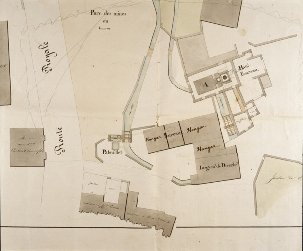 Plan du haut fourneau de Montureux appartenant à Mrs de Falatieu [détail]. © Yves Sancey / Région Bourgogne-Franche-Comté, Inventaire du patrimoine - 1990