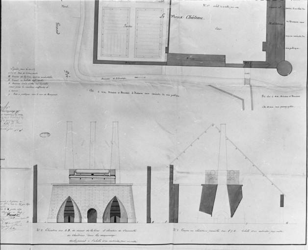 Plan d'un haut-fourneau que MM. [...] se proposent de construire au Vieux Château de Valay [détail de la partie gauche : élévation et coupe]. © Jérôme Mongreville / Région Bourgogne-Franche-Comté, Inventaire du patrimoine - 1990