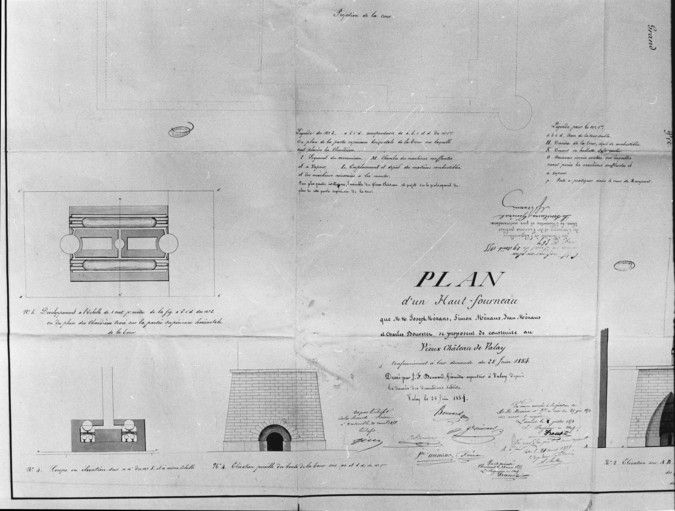 Plan d'un haut-fourneau que MM. [...] se proposent de construire au Vieux Château de Valay [détail de la partie gauche : plan, coupe et élévation]. © Jérôme Mongreville / Région Bourgogne-Franche-Comté, Inventaire du patrimoine - 1990