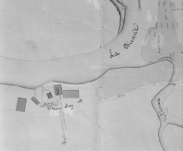 Demande en révision de réglement des usines des consorts Chavin. Plan [détail du grand plan]. © Jérôme Mongreville, Lamairesse / Région Bourgogne-Franche-Comté, Inventaire du patrimoine - 1991