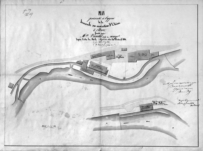 Plan présenté à l'appui de la demande en maintien d'Usine à Morez, formée par Mrs Vandel aîné et Cie [...] Plan-masse et de situation [de la " Tirerie " et de son annexe de la Doye Gabet], 1841. © Jérôme Mongreville / Région Bourgogne-Franche-Comté, Inventaire du patrimoine - 1991