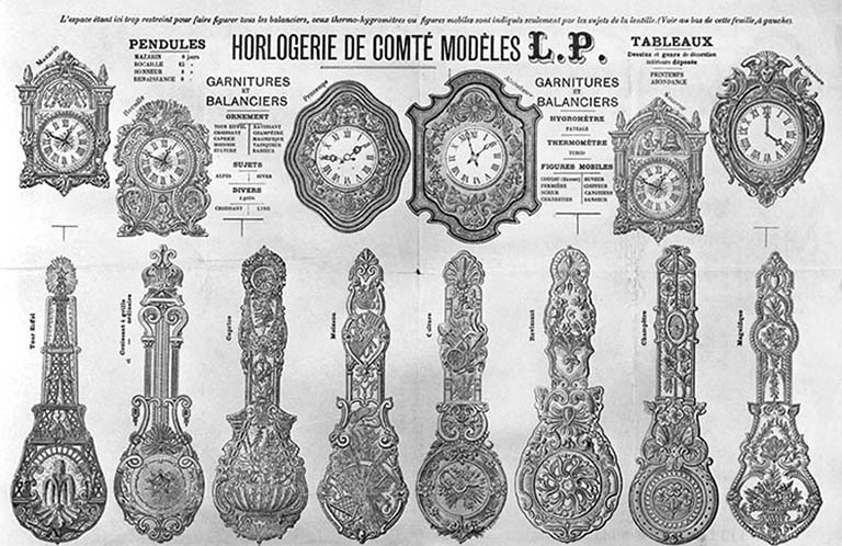 Horlogerie de Comté modèles L.P. [pendules et balanciers]. © Jérôme Mongreville / Région Bourgogne-Franche-Comté, Inventaire du patrimoine - 1991