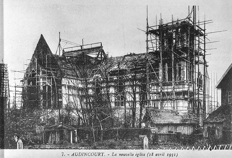 7. - AUDINCOURT. - La nouvelle église (18 avril 1931). © Jérôme Mongreville / Région Bourgogne-Franche-Comté, Inventaire du patrimoine - 1992