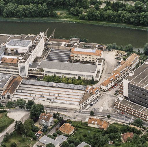 Vue aérienne de la partie occidentale de l'usine A, depuis le nord. © Jean-Pierre Bévalot / Région Bourgogne-Franche-Comté, Inventaire du patrimoine - 1992