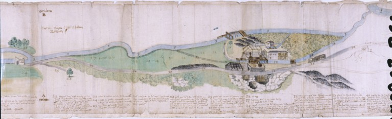 Plan de 1647 : le site de la forge d'affinerie. © Yves Sancey / Région Bourgogne-Franche-Comté, Inventaire du patrimoine - 1992