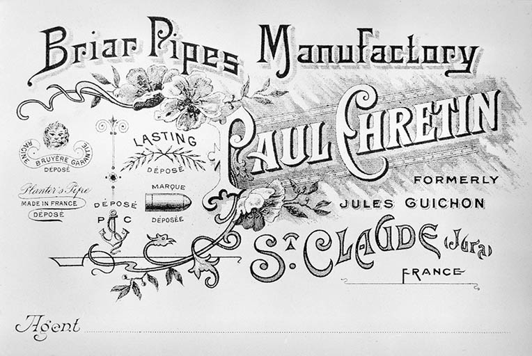 Carte publicitaire de la manufacture de pipes Paul Chretin. © Jérôme  Mongreville (reproduction) / Région Bourgogne-Franche-Comté, Inventaire du patrimoine - 1992 Carte publicitaire de la manufacture de pipes Paul Chretin. © Jérôme  Mongreville (reproduction) / Région Bourgogne-Franche-Comté, Inventaire du patrimoine - 1992
