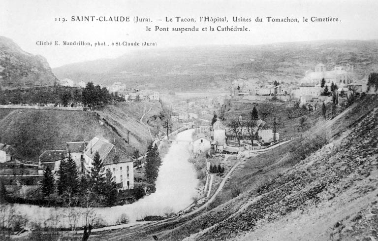 Saint-Claude (Jura).- Le Tacon, l'Hôpital, Usines du Tomachon, le Cimetière, le Pont Suspendu et la Cathédrale. © Jérôme  Mongreville (reproduction), E. Mandrillon / Région Bourgogne-Franche-Comté, Inventaire du patrimoine - 1992