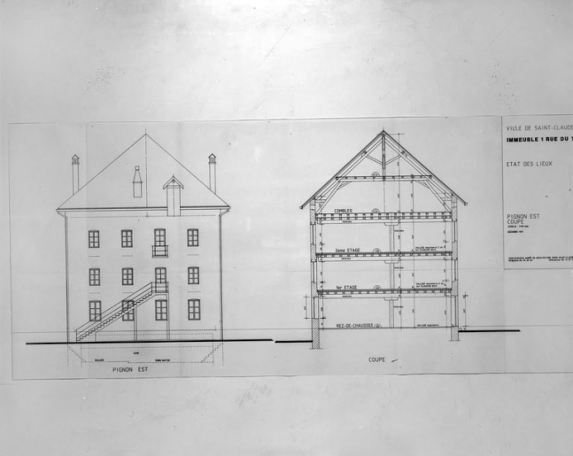 Immeuble 1 rue du Tomachon. Etat des lieux. Pignon est et coupe. © Yves Sancey, Jean Bissieux / Région Bourgogne-Franche-Comté, Inventaire du patrimoine - 1992 Immeuble 1 rue du Tomachon. Etat des lieux. Pignon est et coupe. © Yves Sancey, Jean Bissieux / Région Bourgogne-Franche-Comté, Inventaire du patrimoine - 1992