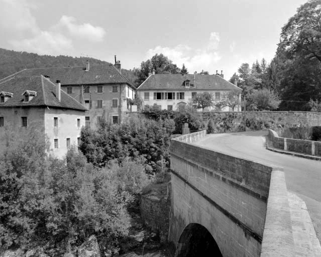 Vue d'ensemble depuis le pont, avec les bâtiments du martinet. © Yves Sancey / Région Bourgogne-Franche-Comté, Inventaire du patrimoine - 1992