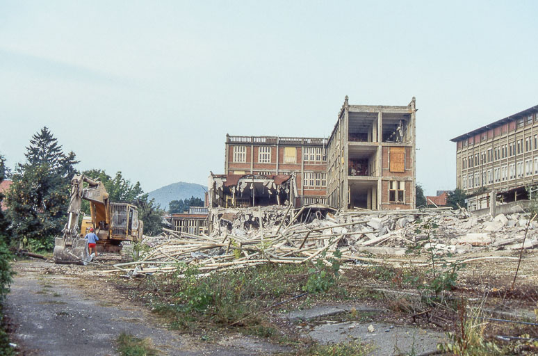 Destruction de l'usine, 19 août 1993 au matin : pelle mécanique et ateliers depuis le nord-est. © Laurent Poupard / Région Bourgogne-Franche-Comté, Inventaire du patrimoine - 1993