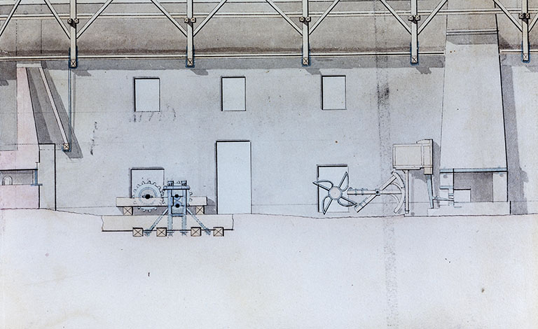 Coupe sur la longueur de la forge [détail de la refenderie, du laminoir et du soufflet]. © Daniel Lebée / Région Bourgogne-Franche-Comté, Inventaire du patrimoine - 1993