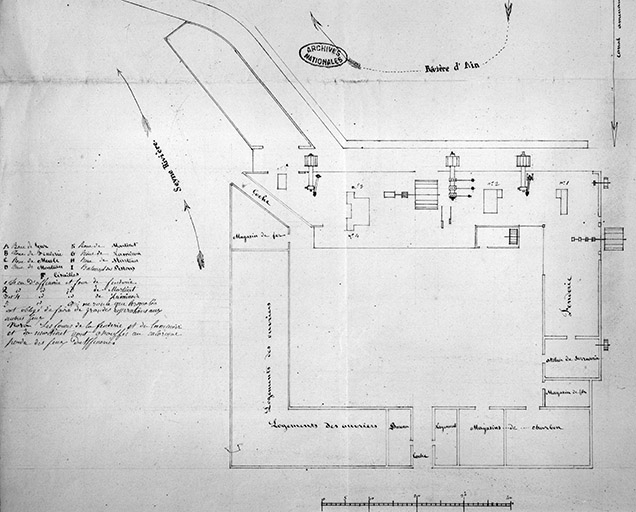 Plan des forges de Syam appartenant à Madame Veuve Jobez [...], détail de l'usine. © Daniel Lebée / Région Bourgogne-Franche-Comté, Inventaire du patrimoine - 1993