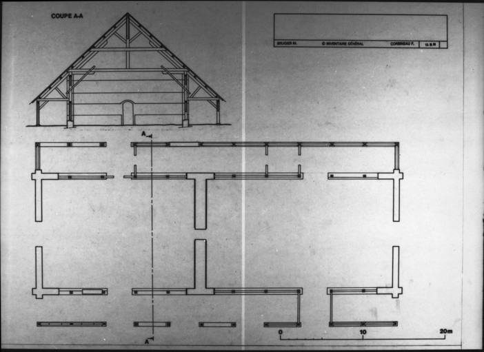 Plan et coupe de la halle à charbon. Relevé graphique, 1988, M. Brugier et F. Corbineau, échelle 1:1250. © Yves Sancey / Région Bourgogne-Franche-Comté, Inventaire du patrimoine - 1993