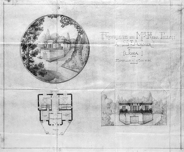 Propriété de Mr René Fillod [...] [vue perspective, façade antérieure et plan]. © Yves Sancey / Région Bourgogne-Franche-Comté, Inventaire du patrimoine - 1994