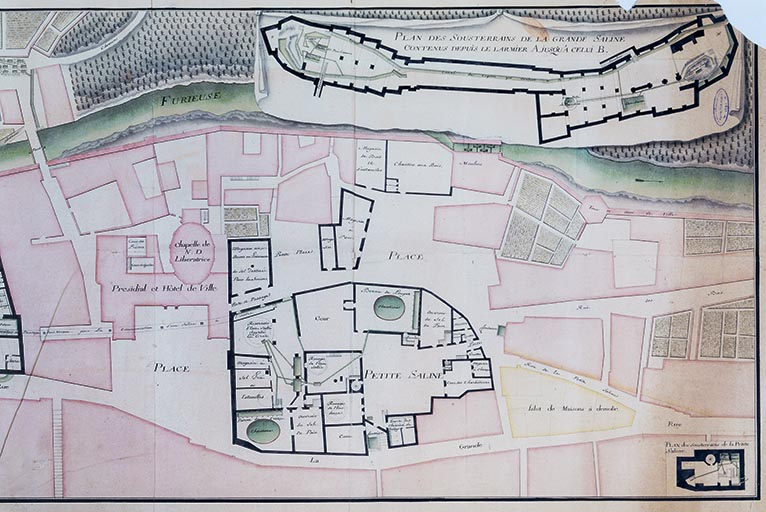 Plans des salines de Salins et de leurs environs [... : partie droite (souterrains et Petite Saline)]. © Jérôme Mongreville / Région Bourgogne-Franche-Comté, Inventaire du patrimoine - 1994