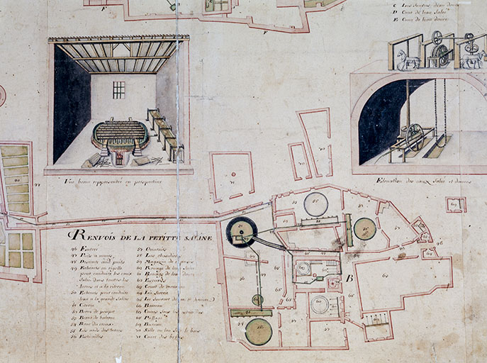 Plan géométral du Rets de chaussée [... : détail du rez-de-chaussée de la Petite Saline et des vues perspectives]. © Jérôme Mongreville / Région Bourgogne-Franche-Comté, Inventaire du patrimoine - 1994