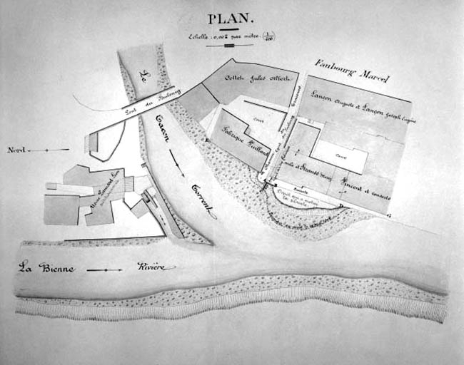Plainte de M.M. Léon Panisset et Jules Grenier au sujet des dépôts de matériaux faits au confluent du Tacon et de la Bienne. Plan de détails. © Jérôme Mongreville, Messin / Région Bourgogne-Franche-Comté, Inventaire du patrimoine - 1994 Plainte de M.M. Léon Panisset et Jules Grenier au sujet des dépôts de matériaux faits au confluent du Tacon et de la Bienne. Plan de détails. © Jérôme Mongreville, Messin / Région Bourgogne-Franche-Comté, Inventaire du patrimoine - 1994