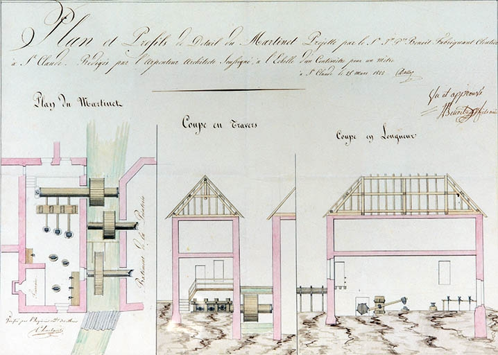 Plan et profils de détail du martinet projetté par le Sr Jn Pre Benoit fabricant cloutier à St Claude. © Jérôme Mongreville / Région Bourgogne-Franche-Comté, Inventaire du patrimoine - 1994 Plan et profils de détail du martinet projetté par le Sr Jn Pre Benoit fabricant cloutier à St Claude. © Jérôme Mongreville / Région Bourgogne-Franche-Comté, Inventaire du patrimoine - 1994