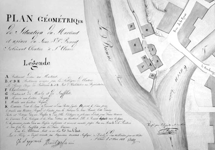 Plan géométrique de situation du martinet et usines du sieur Jn Pre Benoit fabricant cloutier à St Claude. © Jérôme Mongreville / Région Bourgogne-Franche-Comté, Inventaire du patrimoine - 1994 Plan géométrique de situation du martinet et usines du sieur Jn Pre Benoit fabricant cloutier à St Claude. © Jérôme Mongreville / Région Bourgogne-Franche-Comté, Inventaire du patrimoine - 1994