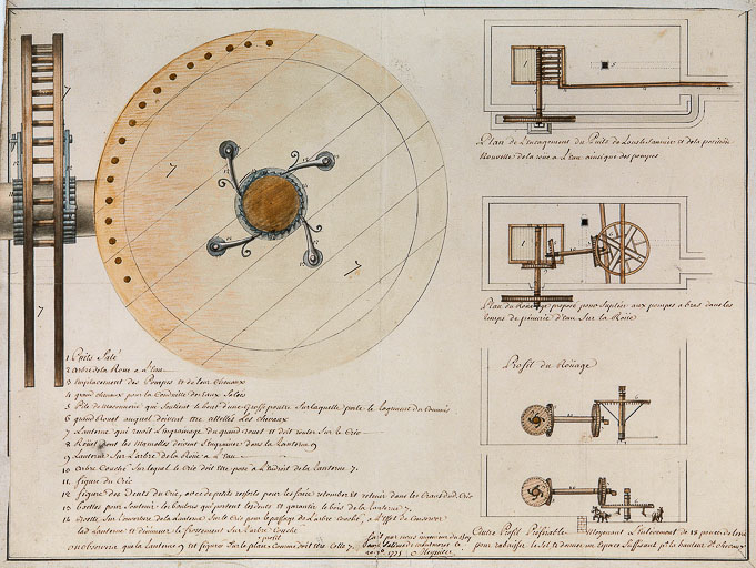 [Projet de déplacement de la roue hydraulique du Puits Salé et de nouveau système moteur combiné avec un manège à cheval]. © Jérôme Mongreville / Région Bourgogne-Franche-Comté, Inventaire du patrimoine - 1994