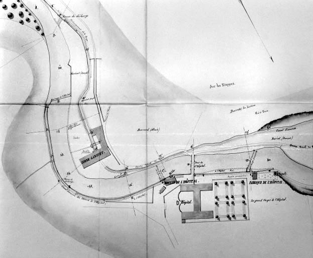 Réglement d'eau des usines de l'Hôpital et de celles des SSrs Ganivet et consorts. Plan général [détail de l'usine]. © Jérôme Mongreville, C. Ferrand / Région Bourgogne-Franche-Comté, Inventaire du patrimoine - 1994
