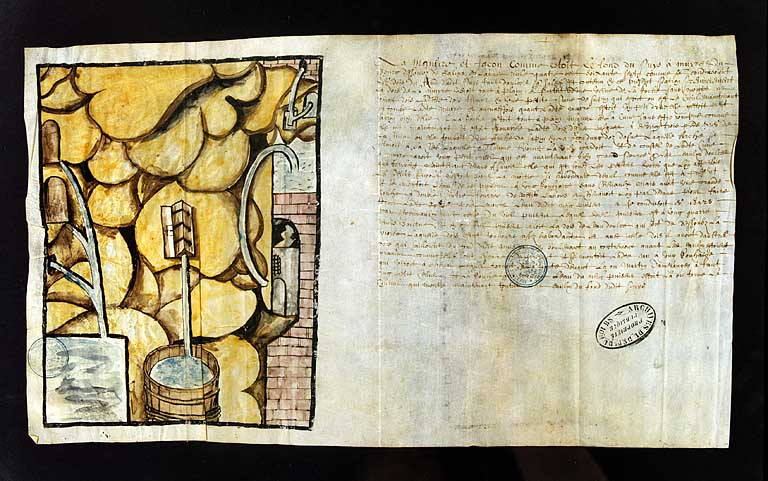 [Dessin du puits à Muyre : vue d'ensemble avec le texte]. © Jérôme Mongreville / Région Bourgogne-Franche-Comté, Inventaire du patrimoine - 1994