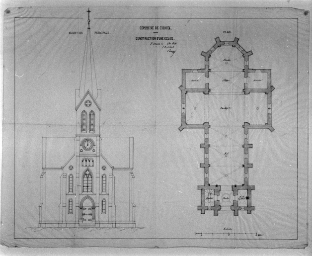 Commune de Choux. Construction d'une église [élévation principale et plan]. © Jérôme Mongreville, Auguste Comoy / Région Bourgogne-Franche-Comté, Inventaire du patrimoine - 1994