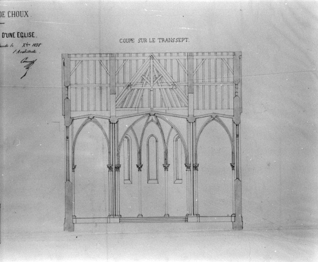 Commune de Choux. Construction d'une église [détail de la coupe sur le transept]. © Jérôme Mongreville, Auguste Comoy / Région Bourgogne-Franche-Comté, Inventaire du patrimoine - 1994