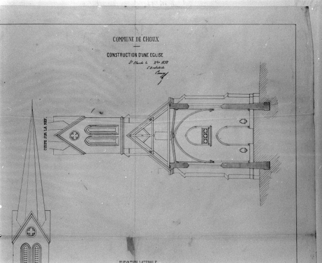Commune de Choux. Construction d'une église [détail de la coupe sur la nef]. © Jérôme Mongreville, Auguste Comoy / Région Bourgogne-Franche-Comté, Inventaire du patrimoine - 1994