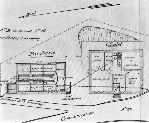 Société fromagère des Mouilles. Bellecombe. Construction d'un chalet de fromagerie avec porcherie [détail : plan des bâtiments]. © Jérôme Mongreville, Marcel David / Région Bourgogne-Franche-Comté, Inventaire du patrimoine - 1994