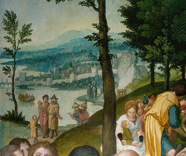 Face externe du volet gauche : la multiplication des poissons, détail : le paysage en arrière plan (après restauration). © Jérôme Mongreville / Région Bourgogne-Franche-Comté, Inventaire du patrimoine - 1994