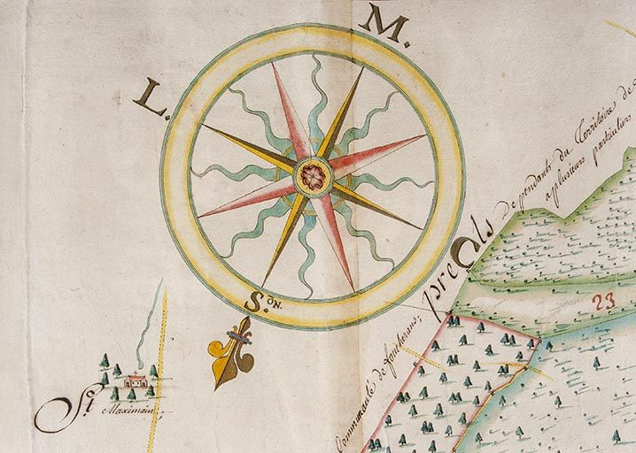 Plan géométrique de Tarcenay de 1769, détail : la rose des vents. © Yves Sancey / Région Bourgogne-Franche-Comté, Inventaire du patrimoine - 1995