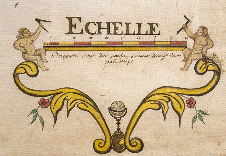 Plan géométrique de Tarcenay, 1769, détail : l'échelle. © Yves Sancey / Région Bourgogne-Franche-Comté, Inventaire du patrimoine - 1995