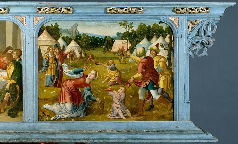 Panneau gauche de la prédelle : les Hébreux recueillant la manne dans le désert (après restauration). © Jérôme Mongreville / Région Bourgogne-Franche-Comté, Inventaire du patrimoine - 1995