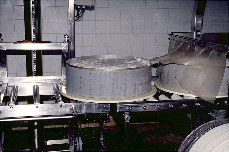 Moules remplis de caillé sortant du soutirage sous vide. © Jérôme Mongreville / Région Bourgogne-Franche-Comté, Inventaire du patrimoine - 1995