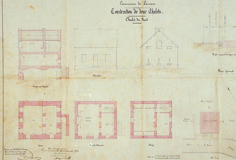 Commune de Lamarre. Construction de deux chalets. Chalet du nord [détail : plans, coupe et élévations]. © Jérôme Mongreville / Région Bourgogne-Franche-Comté, Inventaire du patrimoine - 1995