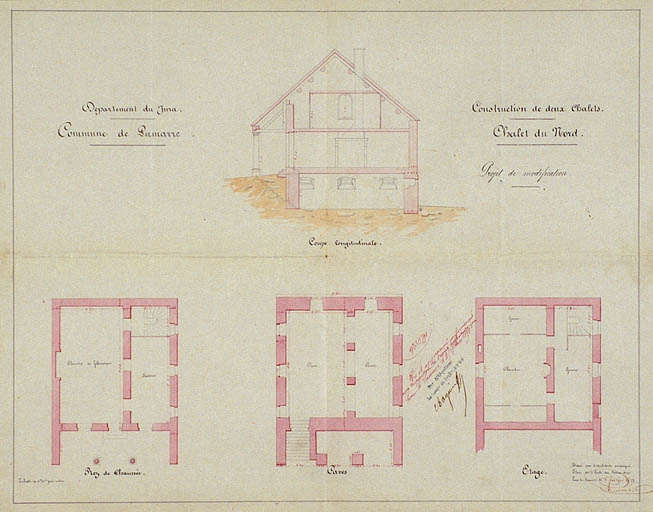 Commune de Lamarre. Construction de deux chalets. Chalet du nord. Projet de modification [plans et coupe]. © Jérôme Mongreville / Région Bourgogne-Franche-Comté, Inventaire du patrimoine - 1995