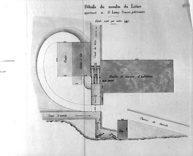 Règlement d'eau [...] Plan et dessins de détails [plan-masse du moulin]. © Jérôme Mongreville, Pernot / Région Bourgogne-Franche-Comté, Inventaire du patrimoine - 1996