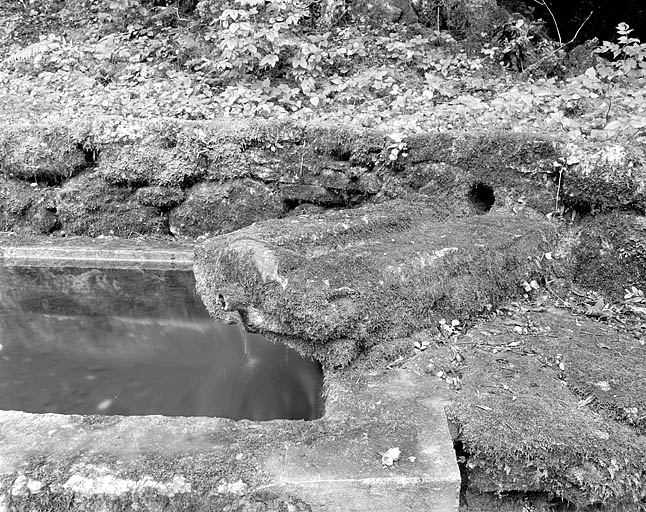 Détail d'une goulotte en pierre amenant l'eau dans le bassin. © Jérôme Mongreville / Région Bourgogne-Franche-Comté, Inventaire du patrimoine - 1996