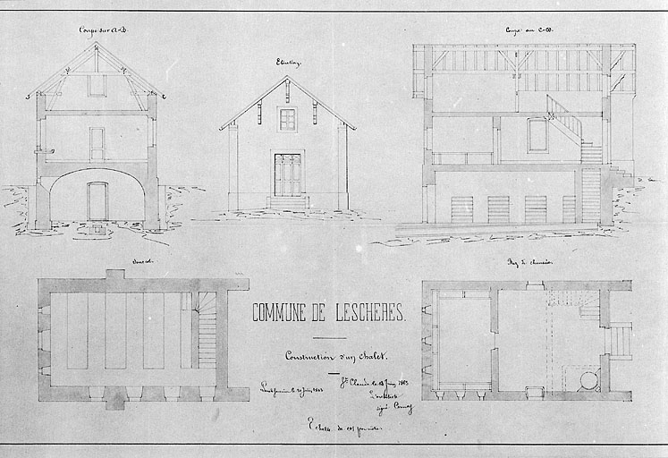 Commune de Leschères, construction d'un chalet [plans, coupes et élévation]. © Jérôme Mongreville, Auguste Comoy / Région Bourgogne-Franche-Comté, Inventaire du patrimoine - 1996