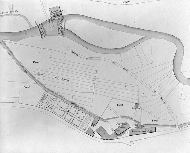 Plan des lieux. Révision du règlement d'eau de l'usine Parrot. © Jérôme Mongreville / Région Bourgogne-Franche-Comté, Inventaire du patrimoine - 1996