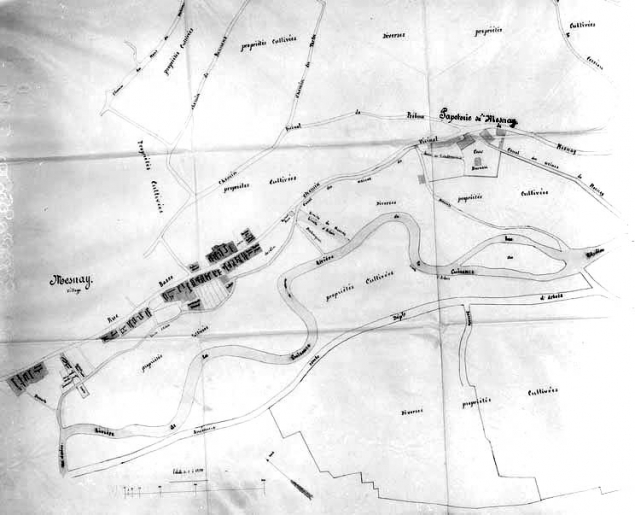 Plan des territoires de Mesnay et d'Arbois sur un rayon de 500 m de la papeterie de Mesnay. © Jérôme Mongreville / Région Bourgogne-Franche-Comté, Inventaire du patrimoine - 1996