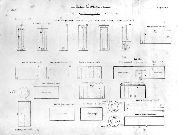 Salines de Montmorot. Schéma des diverses poêles avec leurs murettes. © Jérôme Mongreville / Région Bourgogne-Franche-Comté, Inventaire du patrimoine - 1996 Salines de Montmorot. Schéma des diverses poêles avec leurs murettes. © Jérôme Mongreville / Région Bourgogne-Franche-Comté, Inventaire du patrimoine - 1996