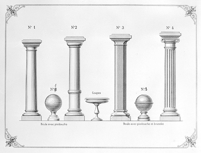 Modèles de colonnes, boules et coupe. © Yves Sancey / Région Bourgogne-Franche-Comté, Inventaire du patrimoine - 1996