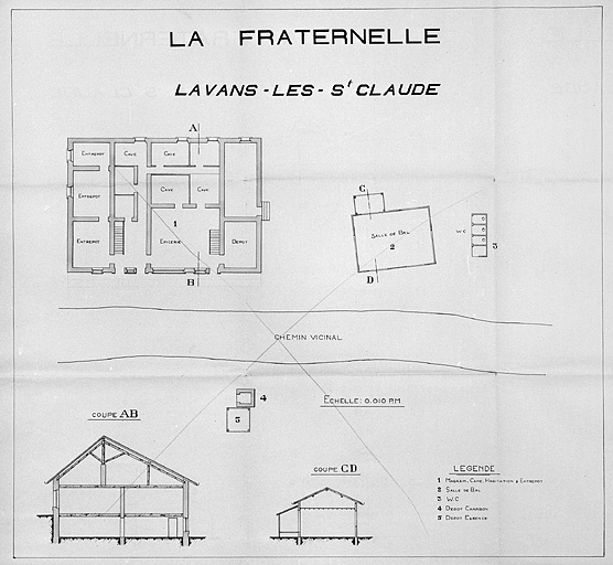 La Fraternelle. Lavans-les-Saint-Claude [plan du rez-de-chaussée et coupe]. © Jérôme Mongreville, Lecart / Région Bourgogne-Franche-Comté, Inventaire du patrimoine - 1996
