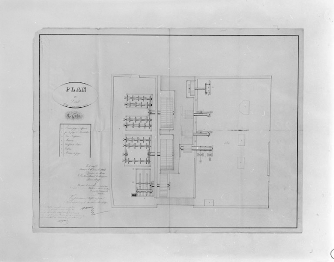 Plan de détail : feux de forges d'affinerie et de maréchallerie, scies anglaises, martinets, soufflets, tréfilerie, marteaux de forges. © Yves Sancey / Région Bourgogne-Franche-Comté, Inventaire du patrimoine - 1997